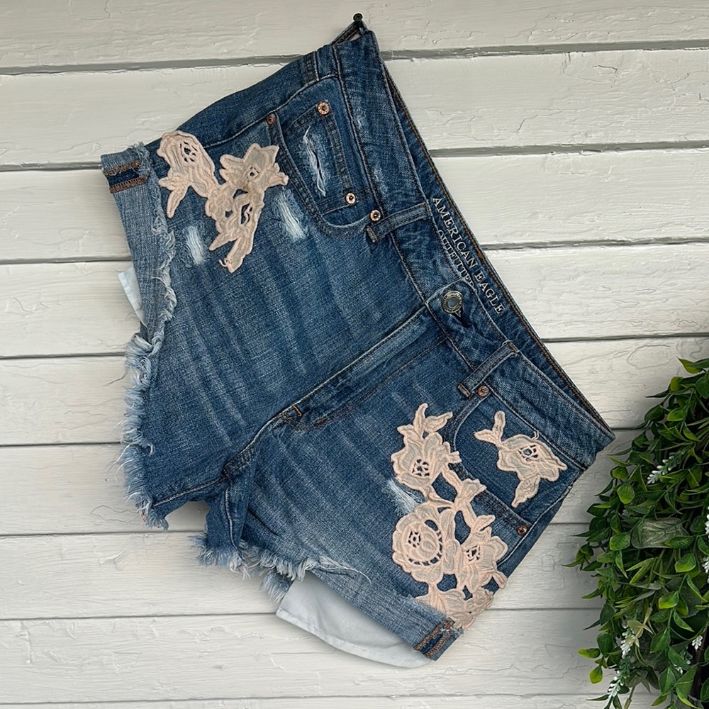 American Eagle Outfitters Medium Wash Jean Shorts with Lace Appliqué 12